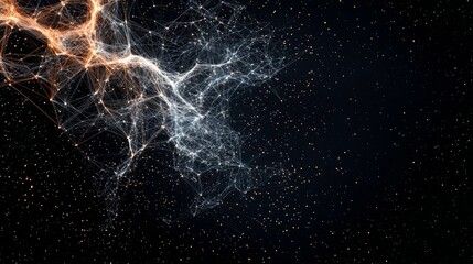 A complex network of interconnected glowing lines and nodes, transitioning from orange to white, set against a dark, star-filled background.
