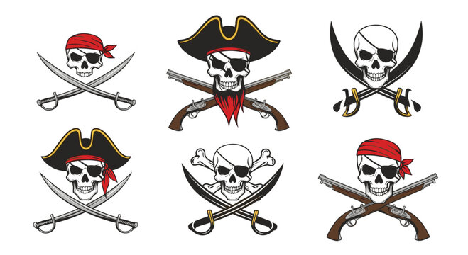 Assortment of six pirate jolly roger emblems with skulls wearing different headwear, featuring crossed swords and flintlock pistols.
