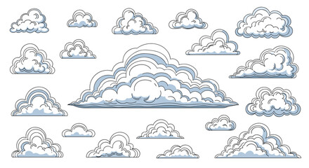 Large set of various cloud formations drawn in a vintage, engraved line art style, perfect for creating unique sky and weather scenes.