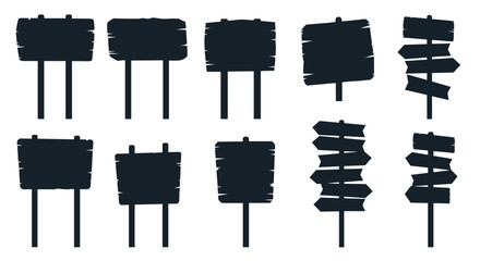 Collection of ten black silhouettes of old, weathered wooden signs and arrow signposts, perfect for rustic or western-themed designs.