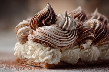 Exquisite Chocolate and Cream Dessert - Close-Up of Artistic Pastry Delight.