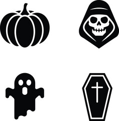 Minimalist black and white Halloween icon set featuring pumpkin, ghost, skull reaper, coffin symbol, spooky decorative elements for holiday design