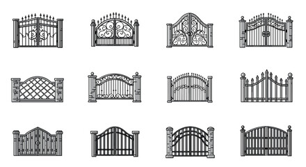 Set of twelve ornate and classic iron gates with stone pillars, illustrated in a detailed black and white line art style for architecture.