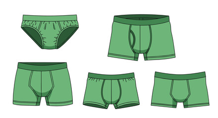 Set of five different styles of men's green underwear, including briefs and boxer briefs, shown as technical fashion flat sketches.