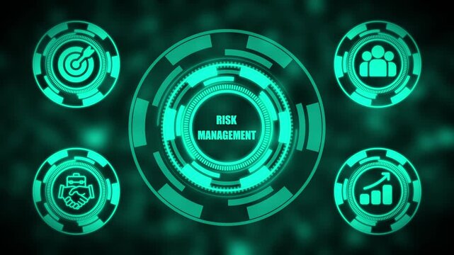 Teal glowing HUD interface for Risk Management against a dark, blurred digital backdrop image photo - Powered by Adobe