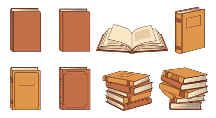 Collection of vintage-style books in various arrangements, including closed books, an open book, and stacked books, in a brown color palette.