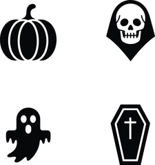 Minimalist black and white Halloween icon set featuring pumpkin, ghost, skull reaper, coffin symbol, spooky decorative elements for holiday design