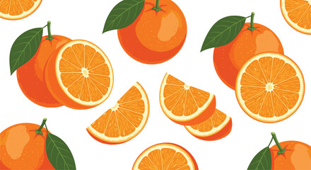 Vibrant and juicy seamless pattern of whole oranges and sliced wedges with green leaves, creating a fresh and fruity background design.