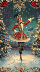Nutcracker Ballerina Christmas Portrait. Winter Fairytale Ballet Illustration.