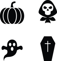 Minimalist black and white Halloween icon set featuring pumpkin, ghost, skull reaper, coffin symbol, spooky decorative elements for holiday design