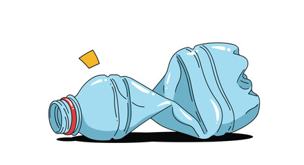 Cartoon illustration of a crushed blue plastic bottle with its yellow cap flying off, symbolizing recycling and environmental issues.