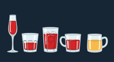Row of five different glasses filled with red and yellow drinks, including a wine glass and mugs, illustrated in a clean outline style.