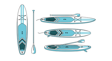 Set of stand-up paddleboard illustrations from various angles, including top-down and side views, with a matching paddle for water sports.