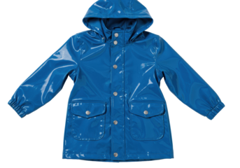 Bright sapphire blue children's hooded raincoat, glossy polyurethane, flat lay on a seamless high-key white background with extensive copy space, concept for commercial product photography