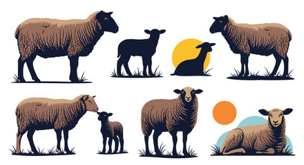 Set of stylized sheep and lamb illustrations in various poses, including standing, lying down, and interacting, some as simple silhouettes.