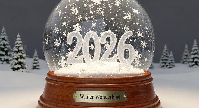 Snow globe with 2026 inside, showcasing a winter wonderland scene - Powered by Adobe