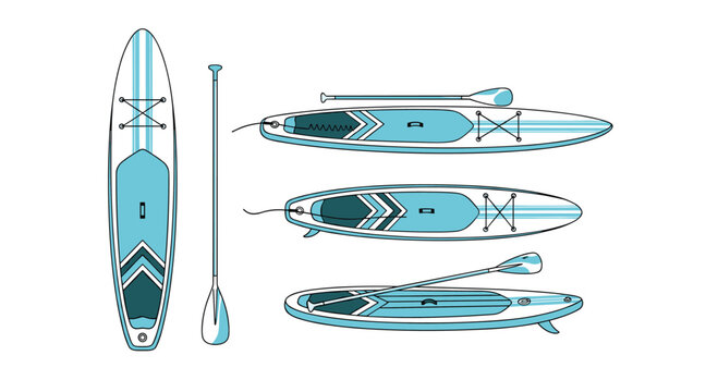 Set of stand-up paddleboard illustrations from various angles, including top-down and side views, with a matching paddle for water sports.
