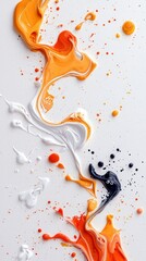 Dynamic abstract composition featuring splashes and drips of orange, white, and dark blue paint on a white surface.