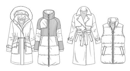 Fashion design technical sketches of four women's winter coats and vests, including a parka, puffer jacket, and trench coat.