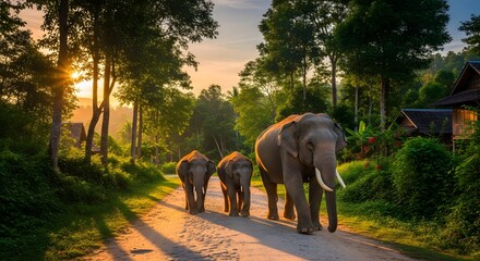 Peaceful Elephant Family in Jungle Path &ndash; Nature Landscape Scene