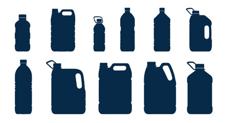 Set of twelve black silhouettes of various plastic bottles, jugs, and canisters, perfect for representing liquids, chemicals, or recycling.
