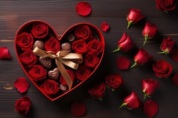 top view heart-shaped box filled with red roses and chocolates. box placed on wooden surface