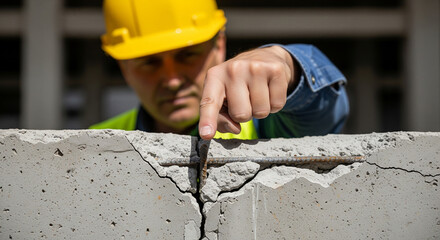 Construction Inspector Pointing at Crack in Concrete Structure During Safety Check at Building Site