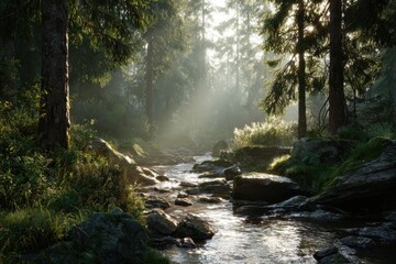 Sunlit Forest Stream - Serene Landscape with Misty Rays and Lush Greenery.