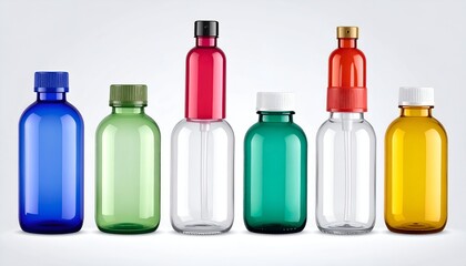 Assortment of colorful, transparent, small bottles with various caps, arranged in a row