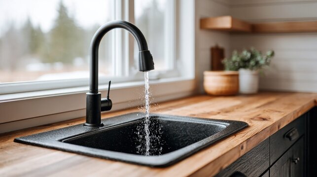 Modern kitchen sink with running water and a view of the outdoors