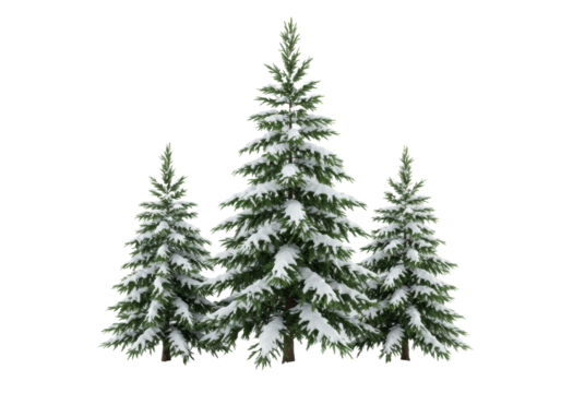 three vibrant emerald green fir trees weighted down with thick white snow on a reflective frost surface, isolated in an infinity white studio environment. concept of luxury holiday purity