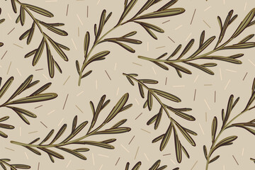 Seamless floral pattern, abstract nature print of leafy twigs in vintage style. Simple elegant botanical design of hand drawn fir tree branches, green leaves. Vector illustration.