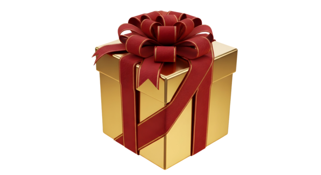 3d icon of elegant gold gift box with red ribbon and bow isolated on transparent background, perfect for special occasion