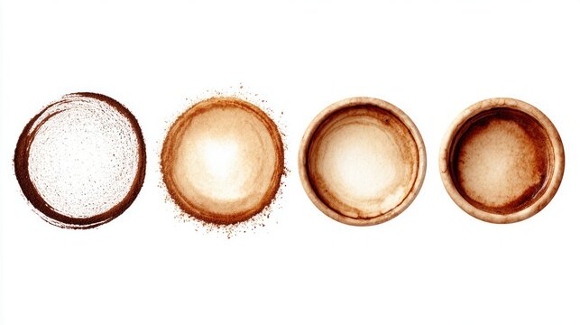 Coffee ring stains and coffee grounds arranged on a white background