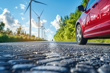 side view red car is driving down road next to row of wind turbines. Concept of modern technology and environmental awareness