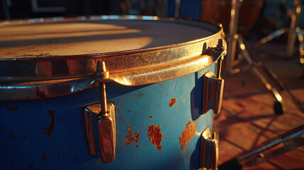 Rusty blue drum with aged metal hardware and worn drumhead close-up in warm natural light setting on wooden floor with blurred background elements