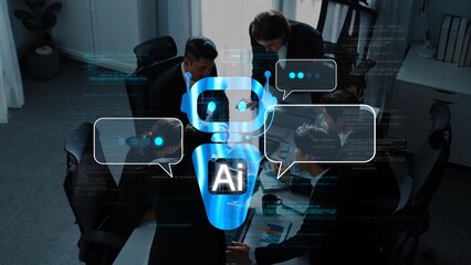 A dynamic business meeting scene showcasing professionals discussing innovative technology solutions with an AI virtual assistant. Emphasis on collaboration and future advancements. Raster