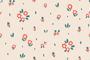 Seamless floral pattern, liberty ditsy print of mini daisies in retro motif. Cute baby botanical design of small hand drawn plants, tiny red flowers, leaves on white background. Vector illustration.