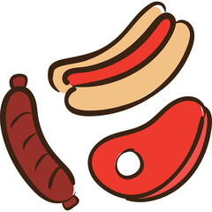 Stylized Illustration of a Hot Dog A Sausage Link and a Steak With A Transparent Background