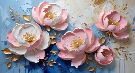 Elegant abstract floral painting. Impasto pink and white peonies with gold centers, leaves, and branches on textured blue and white background. Gold accents, visible brushstrokes, three-dimensional.
