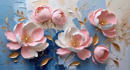 Elegant abstract floral painting. Impasto pink and white peonies with gold centers, leaves, and branches on textured blue and white background. Gold accents, visible brushstrokes, three-dimensional.