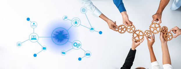 A dynamic representation of collaboration in technology, featuring hands holding wooden gears and digital elements symbolizing innovation and teamwork in a business setting. Trope