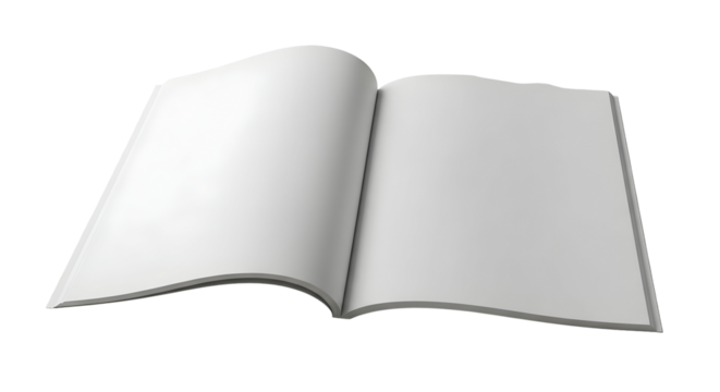 3d icon of blank open magazine isolated on transparent background, ideal for showcasing creative designs and editorial content