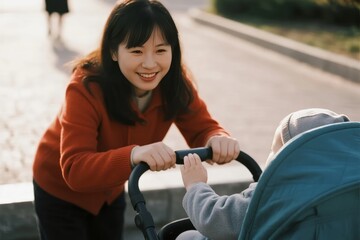 A woman smiles while pushing a stroller with a child reaching out to her hands in a park setting.
