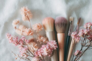 Delicate Makeup Brushes and Pink Floral Arrangement on Soft White Fabric.