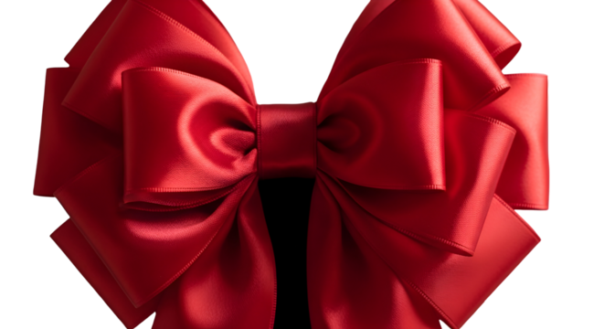 3d icon of closeup of a luxurious red satin bow, isolated on transparent background, perfect for festive decorations and gift wrapping
