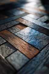 Abstract Wood Mosaic - Interlocking Rectangles in Warm and Cool Tones, Textured Surface.