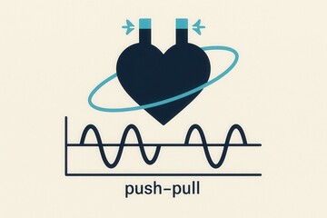 Conceptual illustration of emotional dynamics represented by a heart symbol with a surrounding orbit and a push pull wave pattern illustrating relational tension and balance
