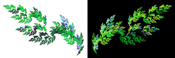 Abstract wavy branches with green luminescent leaves are arranged symmetrically on white and black backgrounds. Set. 3D rendering. 3D illustration.