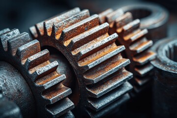 Macro Shot of Heavily Rusted Industrial Gears, Showcasing Intricate Metal Teeth and Aged Texture.